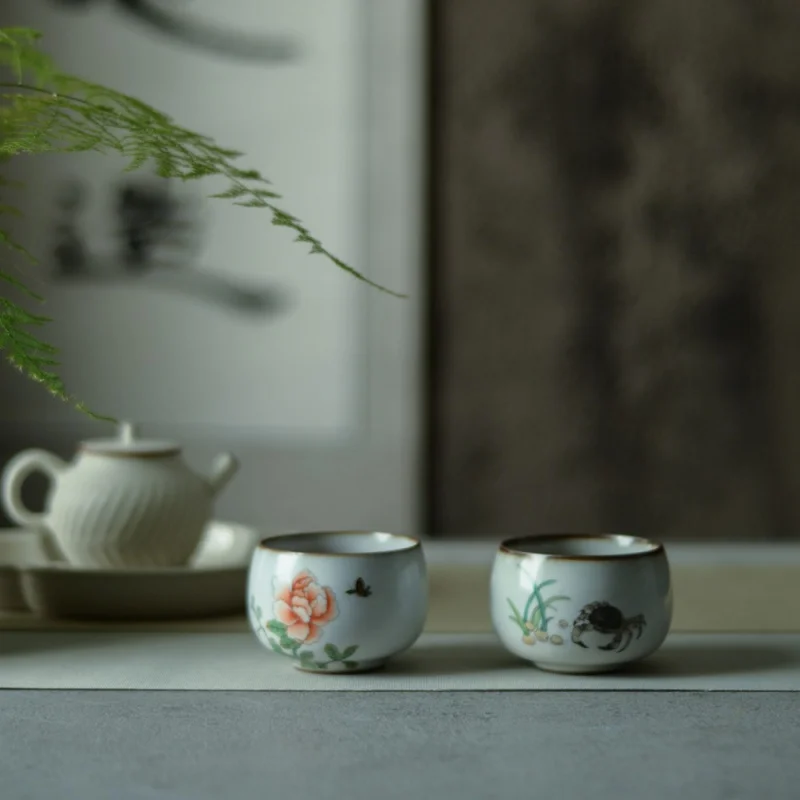 ★Jingdezhen Ru Ware Hand Painted Peony Kombucha Master Cup Single Cup Female Handmade Tea Cup Single Large Tea Set