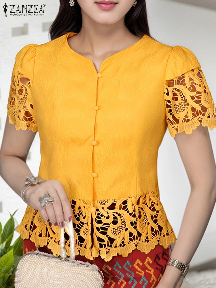 

2025 ZANZEA Elegant Blouses Lace Shirts Summer Women Tops Fashion Short Puff Sleeve Tunic O-Neck Casual Loose Blusas Femininas