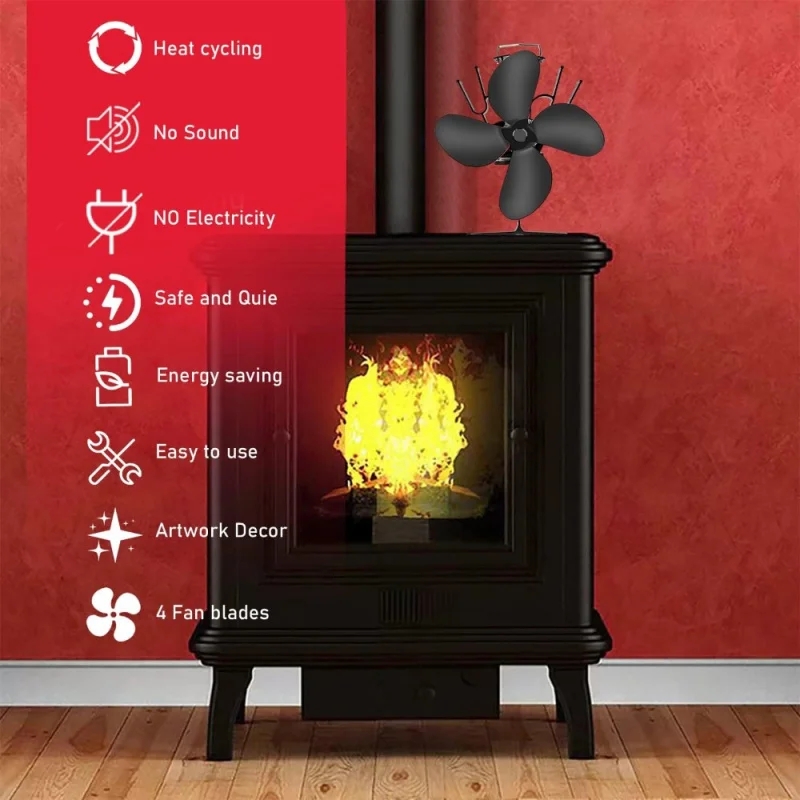 4Leaf Wood Stove Fan，Powered by heat - Efficiently circulate heating，Suitable fireplace and home