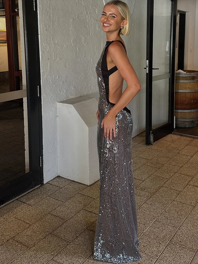 Vestido de retazos de lentejuelas de gato extraño para mujer, vestido fino con purpurina y espalda descubierta sin mangas, coqueta elegante para fiesta, banquete elástico, boda, ceñido al cuerpo