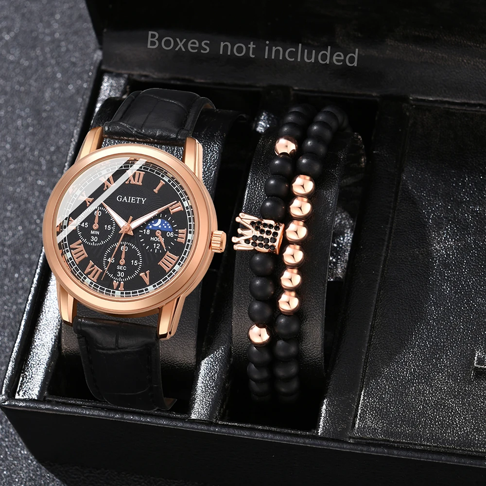 Mens Watches 3Pcs Set Luxury Rhinestone Men Fashion Elegant Wristwatch Quartz Watch For Girl WristWatch Bracelet Gift