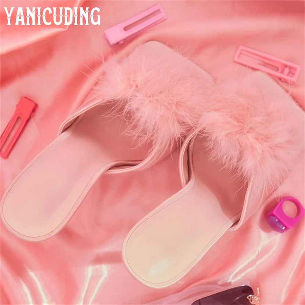 Pink Satin Rhinestone Stiletto Mules Cute Pink Fur Ball Slippers Fashion Style Handmade Shining Crystal Women's Summer Slippers