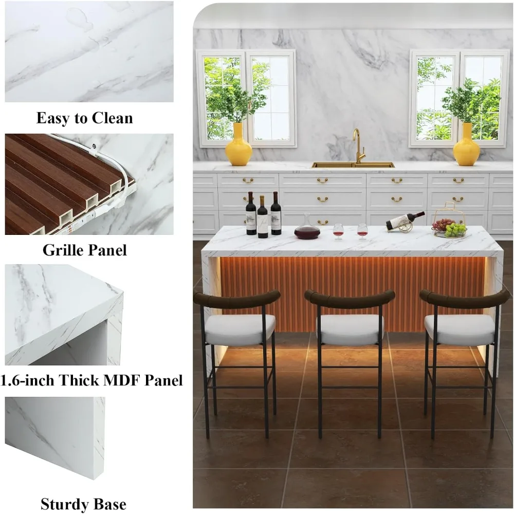 71" Large Imitation Marble Dining Table for 6-8 People, Island Table with LED Lights, Mordern Marble Stripes Kitchen Dining Tabl image 6