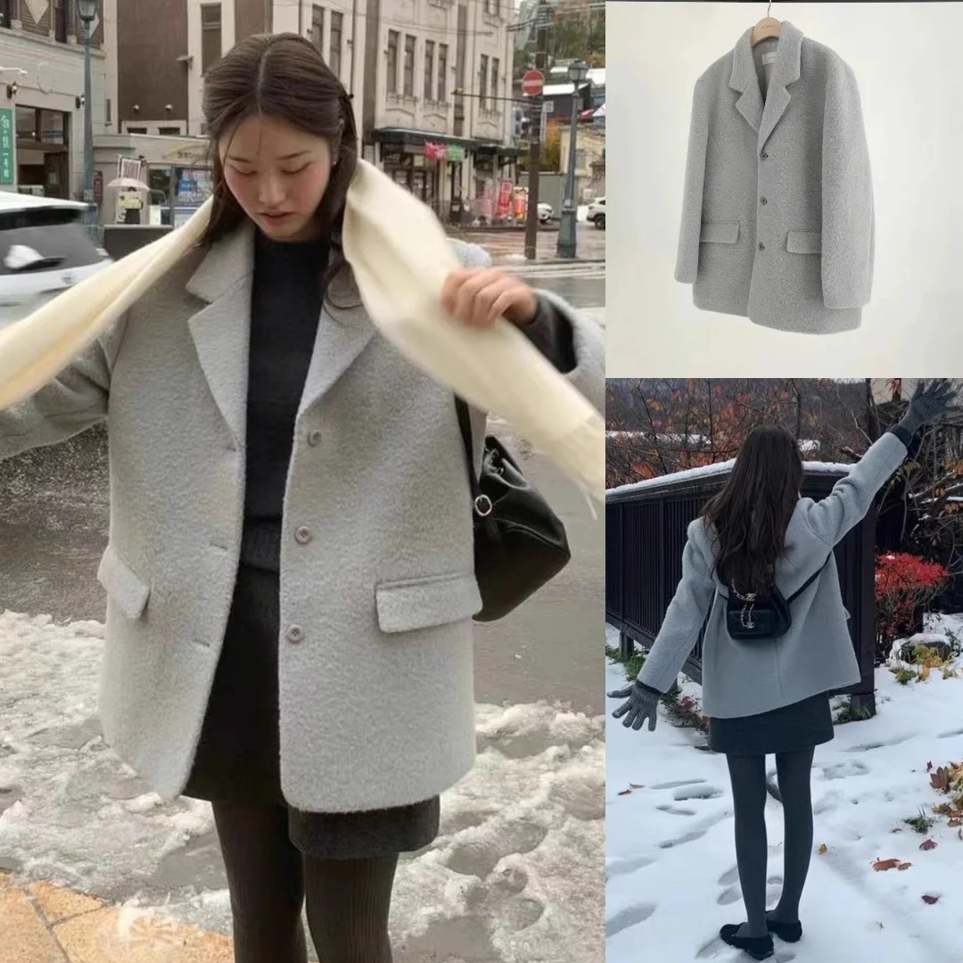 

Slimming Thiened Woolen Suit Coat Single Button Circle Pure Color Outerwear for Women Commute Sle Mid-Length Long Sve