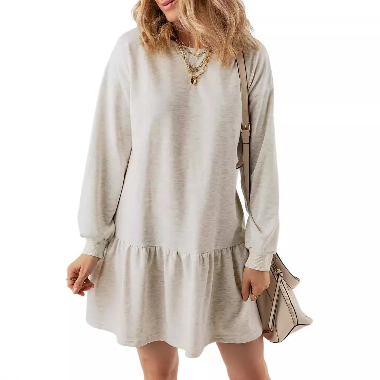 Women's Dress Pullover Ruched Short Solid Color Dresses Round Neck Long Sleeve Loose Waist Mini Dress Ruffle Hem Oversized Fit