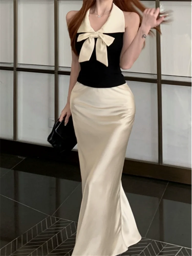 

Elegant Women 2 Piece Sets Celebrity Fashion Beige Bow Short Black Tank Top&High Waist Mermaid Long Satin Skirt 2pc Dress Suits