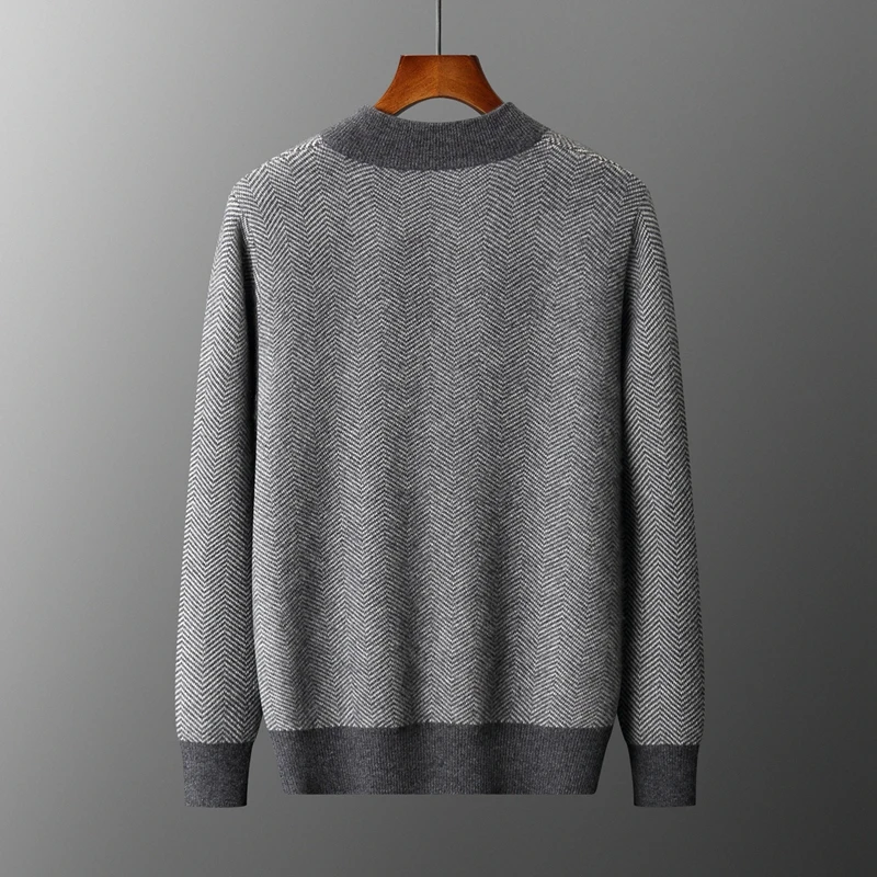 New Launch: 100% Merino Wool Knitted Zipper Cardigan Men's Half High Collar Herringbone Pattern Thick Coat Casual Warm Jacket