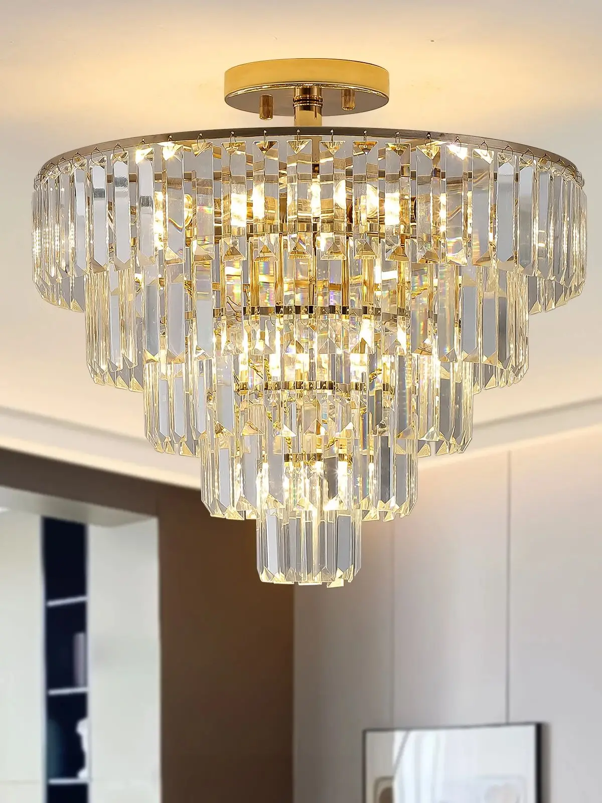 Gold Crystal Chandeliers,5-Tier Round Semi Flush Mount Chandelier Light Fixture,Large Contemporary Luxury Ceiling Lighting