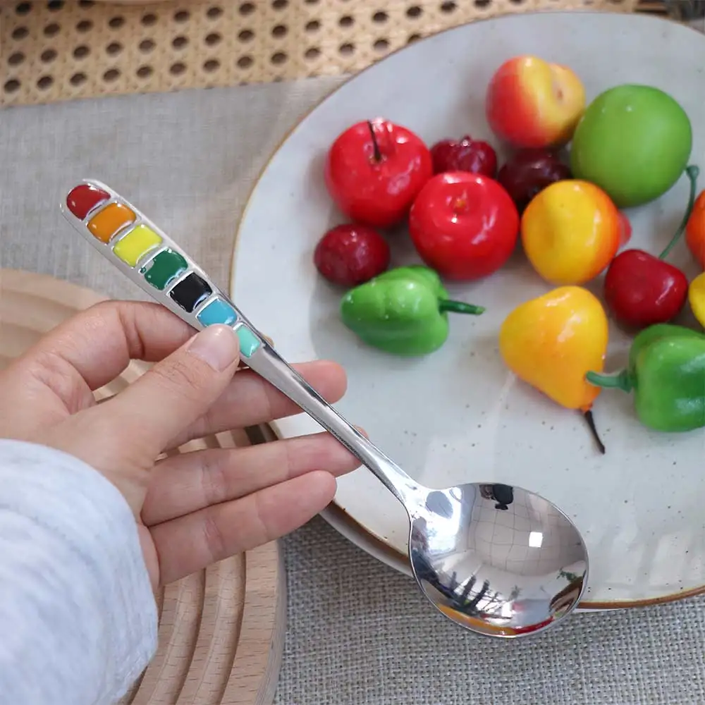 Tableware Round Head Soup Spoon Stainless Steel Deepened Serving Spoon Long Handle Colorful Rust-Proof Spoon Porridge