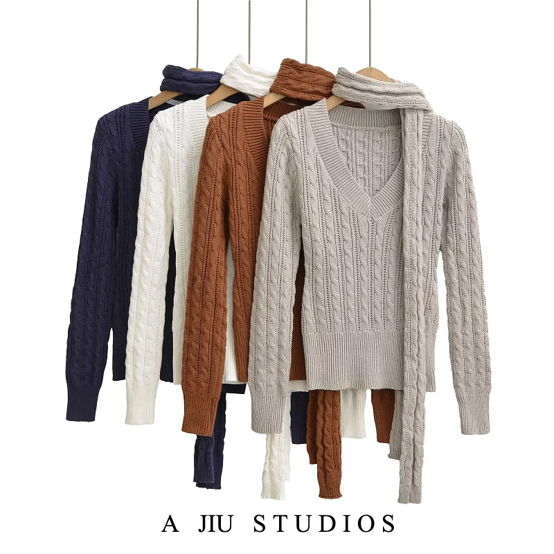 

Вязаный свитер в стиле ретро, женский облегающий топ с v-образным вырезом и шарфом, повседневный зимний комплект с длинным светом, комплект из двух предметов