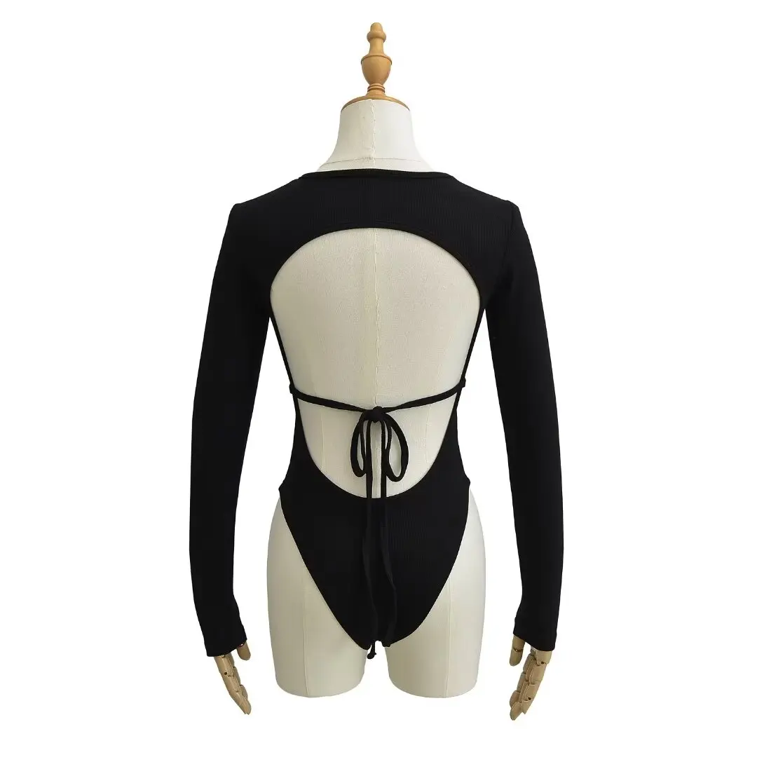 Mono Corto Sexy Estilo Urbano, Manga Larga, Espalda Descubierta, Cintura Alta, Ropa Interior Cómoda e Informal