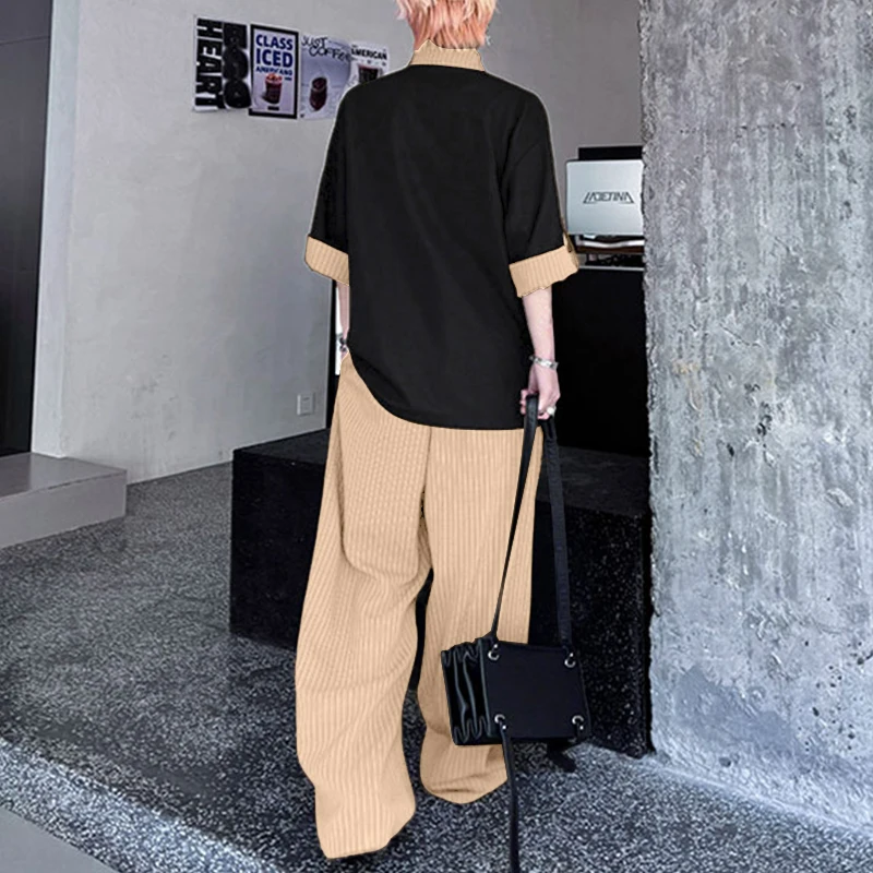 ชุดเซ็ตผู้ชาย INCERUN เสื้อเชิ้ตแขนสั้นลายทางต่อผ้าปกตั้ง & กางเกงขายาวผูกเชือก ชุดสองชิ้น สไตล์สตรีทแวร์ ทรงหลวม สบายๆ ชุดสูทผู้ชาย