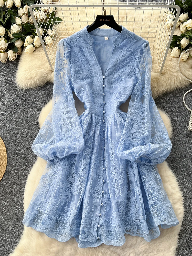 

Spring Autumn French High-end Women's Dress New Lace Embroidery V-neck Lantern Sleeves Single Breasted Party Birthday Dress S59
