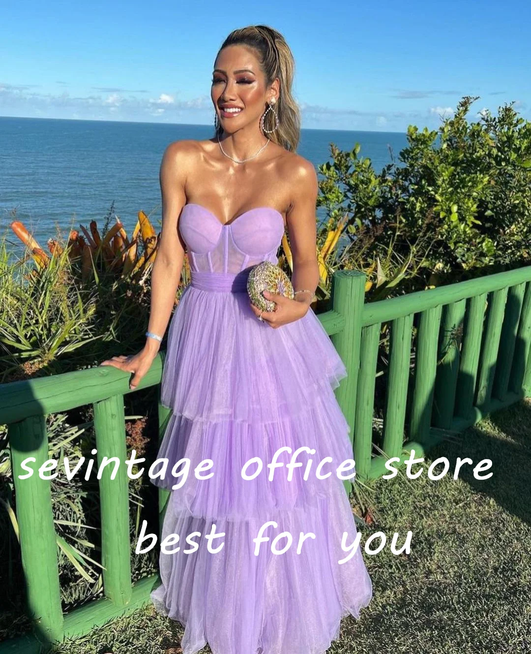 Sevintage-Lavender Tiered Ruffles Tulle Prom Dresses femininos, querida sem mangas, A-Line Plissado, Ruched Vestidos de noite, vestido de festa formal