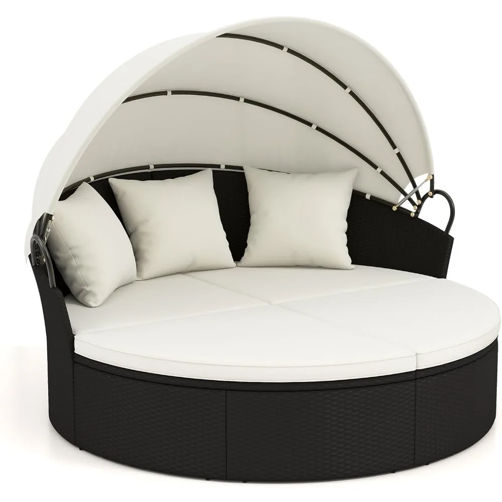 

Round Outdoor Daybed with Canopy - Wicker Rattan Sectional Sofa Sunbed w/Cushions & 3 Pillows, Clamshell Conversation Lounger S