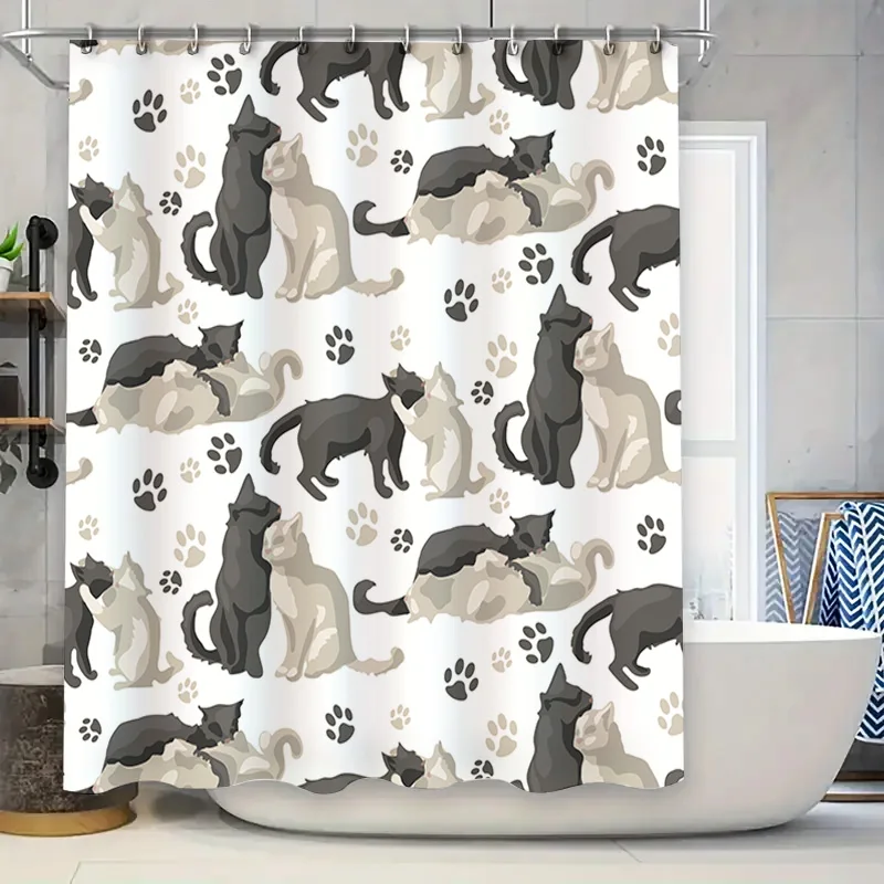

Cat Print Shower Curtain White Grey Pattern with Paw Tracks Perfect for Pet Lovers