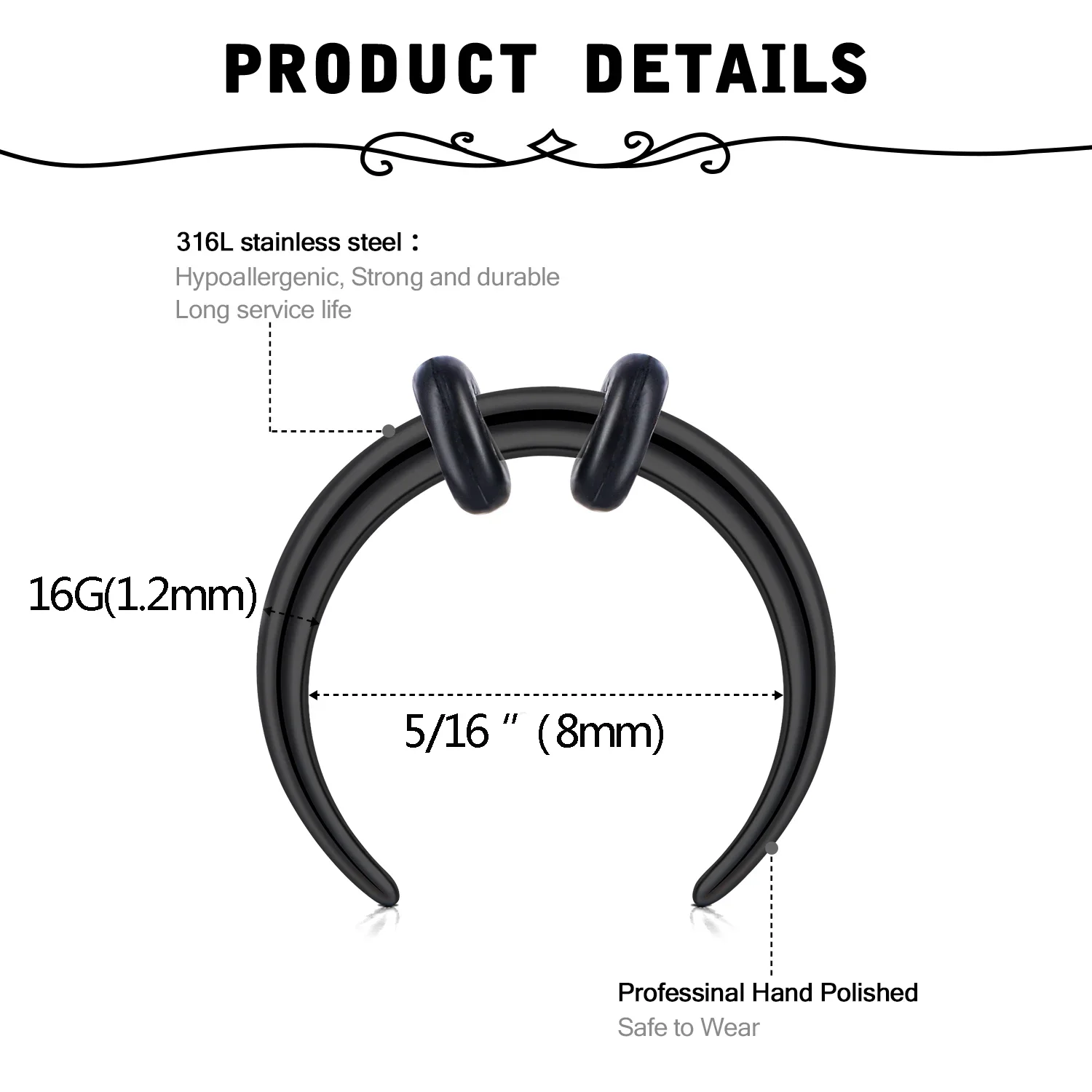 16G Nose Rings 316L Stainless Steel Captive Bead Rings, Septum Rings, Smiley Horseshoe, Perforated Jewelry for Cartilage