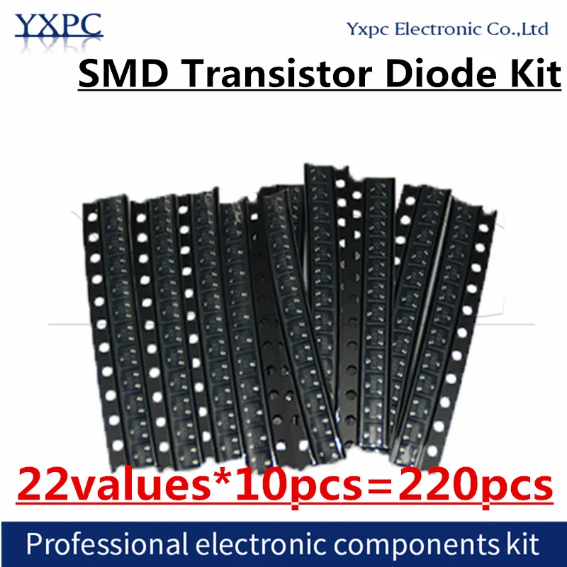 

22values*10pcs=220pcs SMD Transistor Diode Assortment Kit D882 B772 XC6206P332MR 662K 78L05 BC847C SS8550 SS8050 BC846B 2N7002