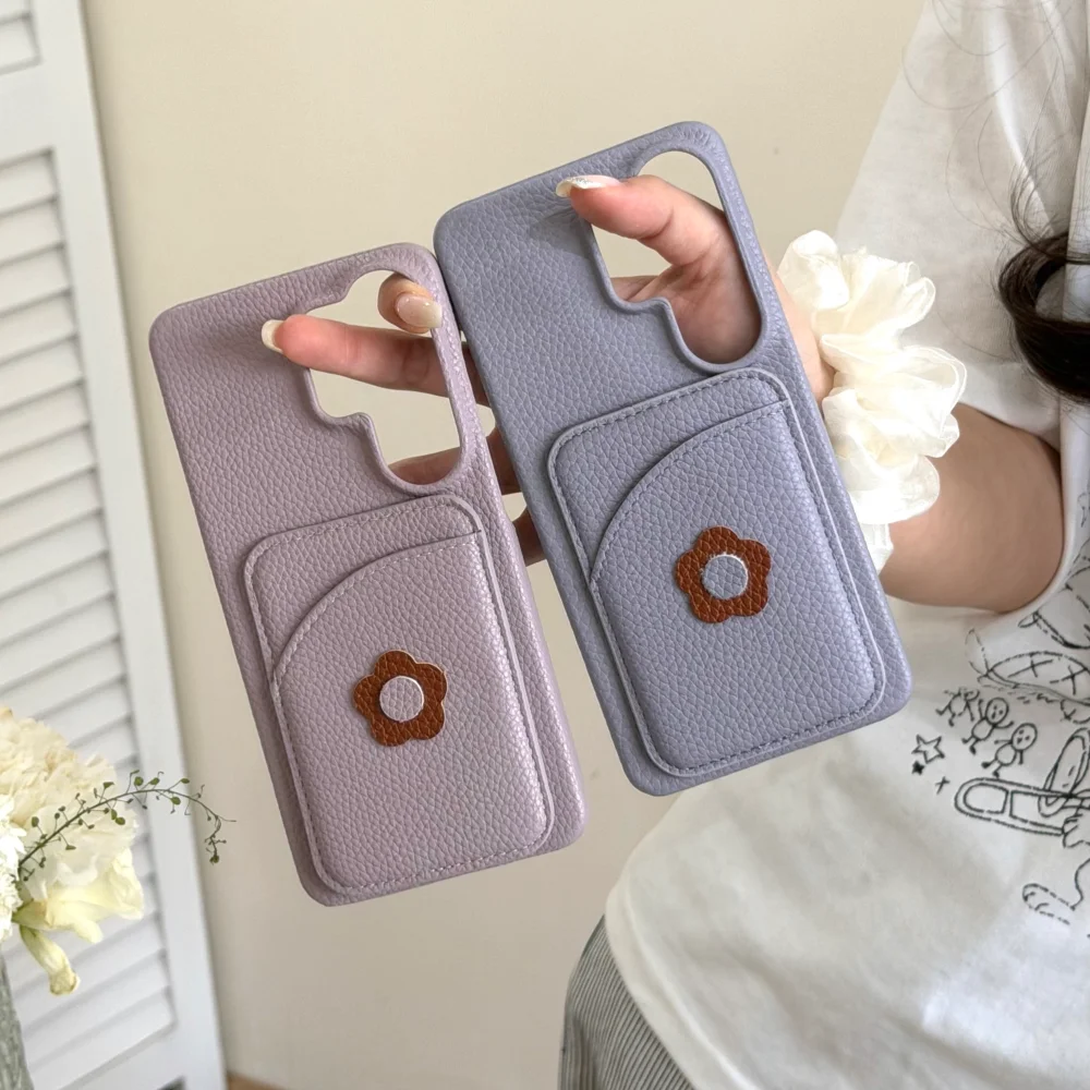 Faux Leather Wallet Card Slot Cute Flower Patch Phone Case for Samsung Galaxy S22‑S26 Ultra Series Shockproof Protective Cover