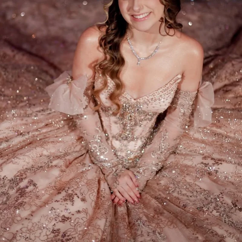 

Shiny Pink Quinceanera Dress off-shoulder glitter crystal Decal Long tail Bow Vestidos De 15 Quinceanera ﻿Customize