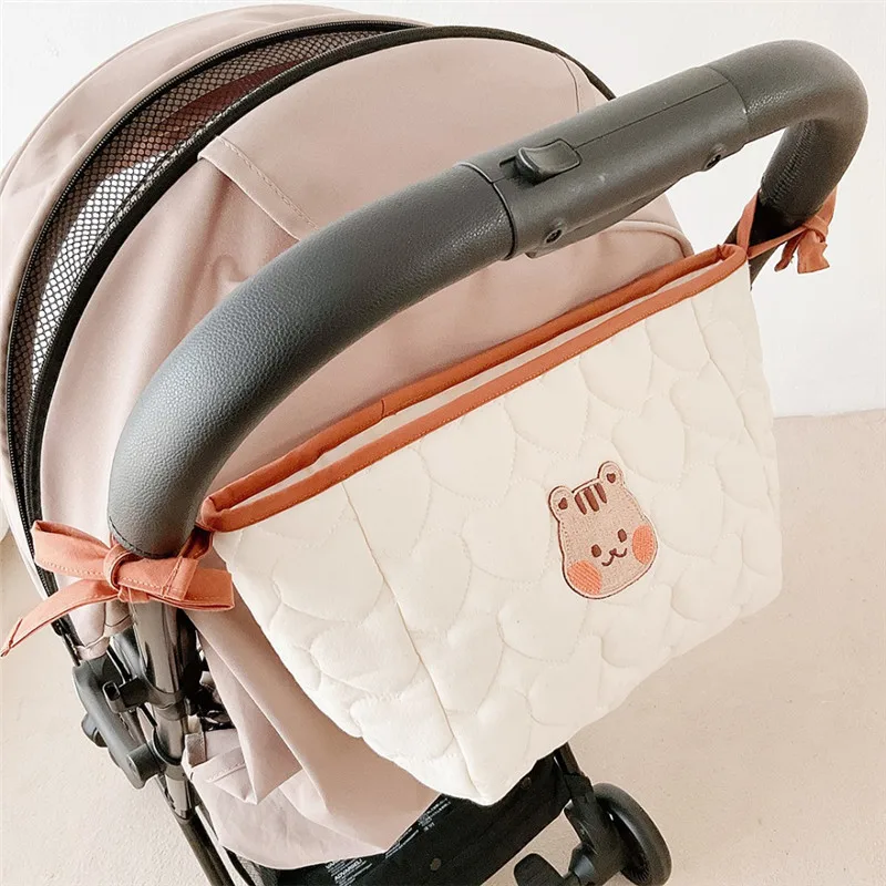 Tas Organizer katun ibu, tas ibu bordir beruang lucu, tas popok bayi baru lahir, kantung popok perjalanan, tas penyimpanan kereta bayi