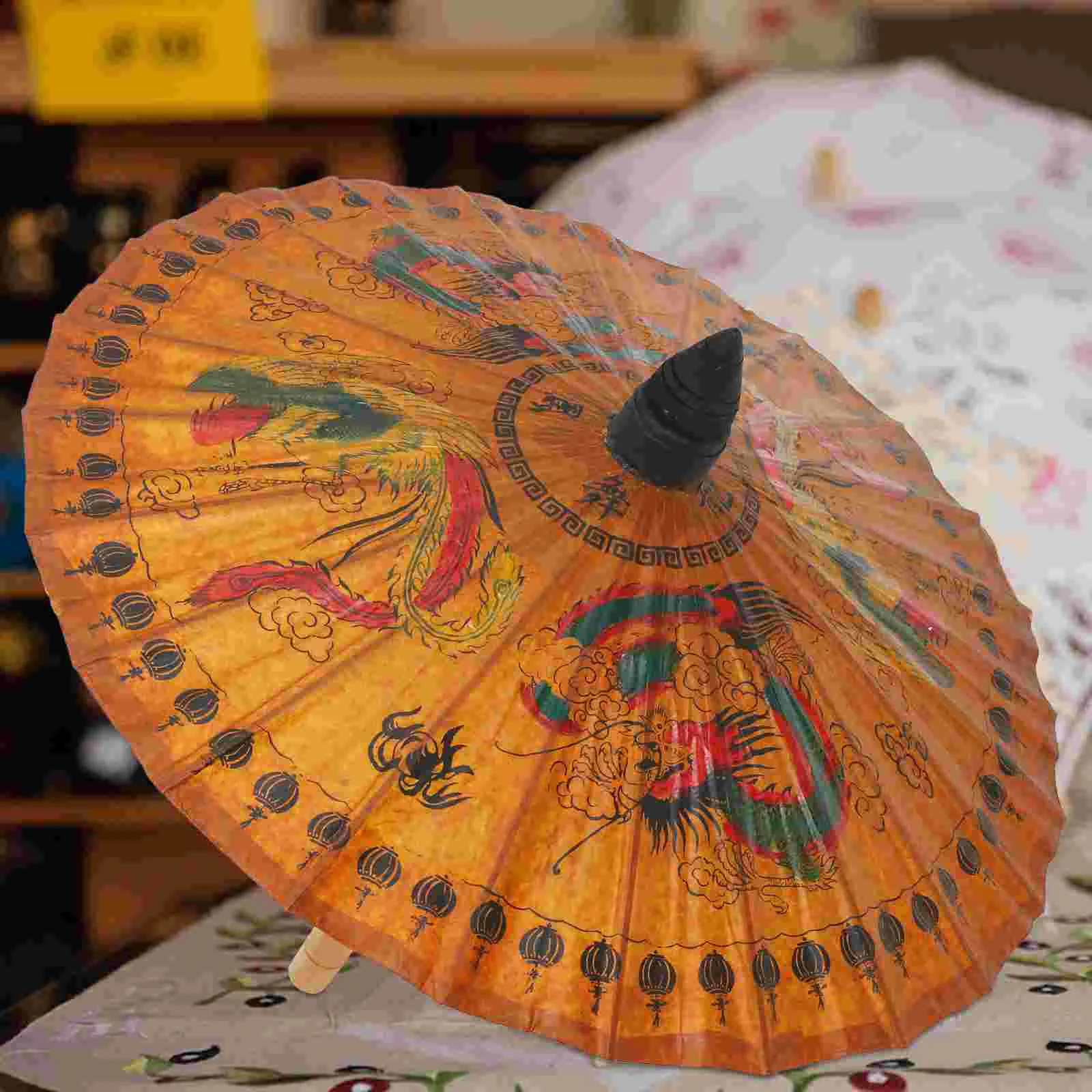 Classic Hand-painted Oil-paper Umbrella Decorative Oiled Paper Crafts for Bar Store Tearoom Decors Dragon Phoenix Patterns