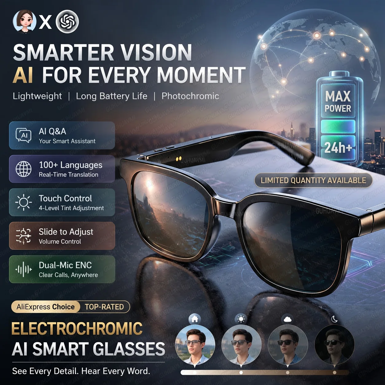 

New Business Touch-color Change Smart Audio Glasses Men 100+Language Translation Bluetooth Call Music Open-ear Travel Sunglasses