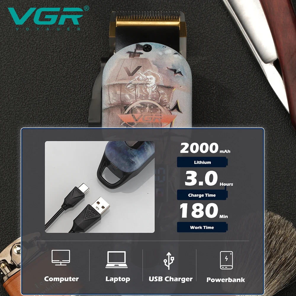 VGR Professional Hair Clipper Hair Cutting Machine Rechargeable Hair Trimmer For Men Shaver Barber Accessories Cut Machin Beard