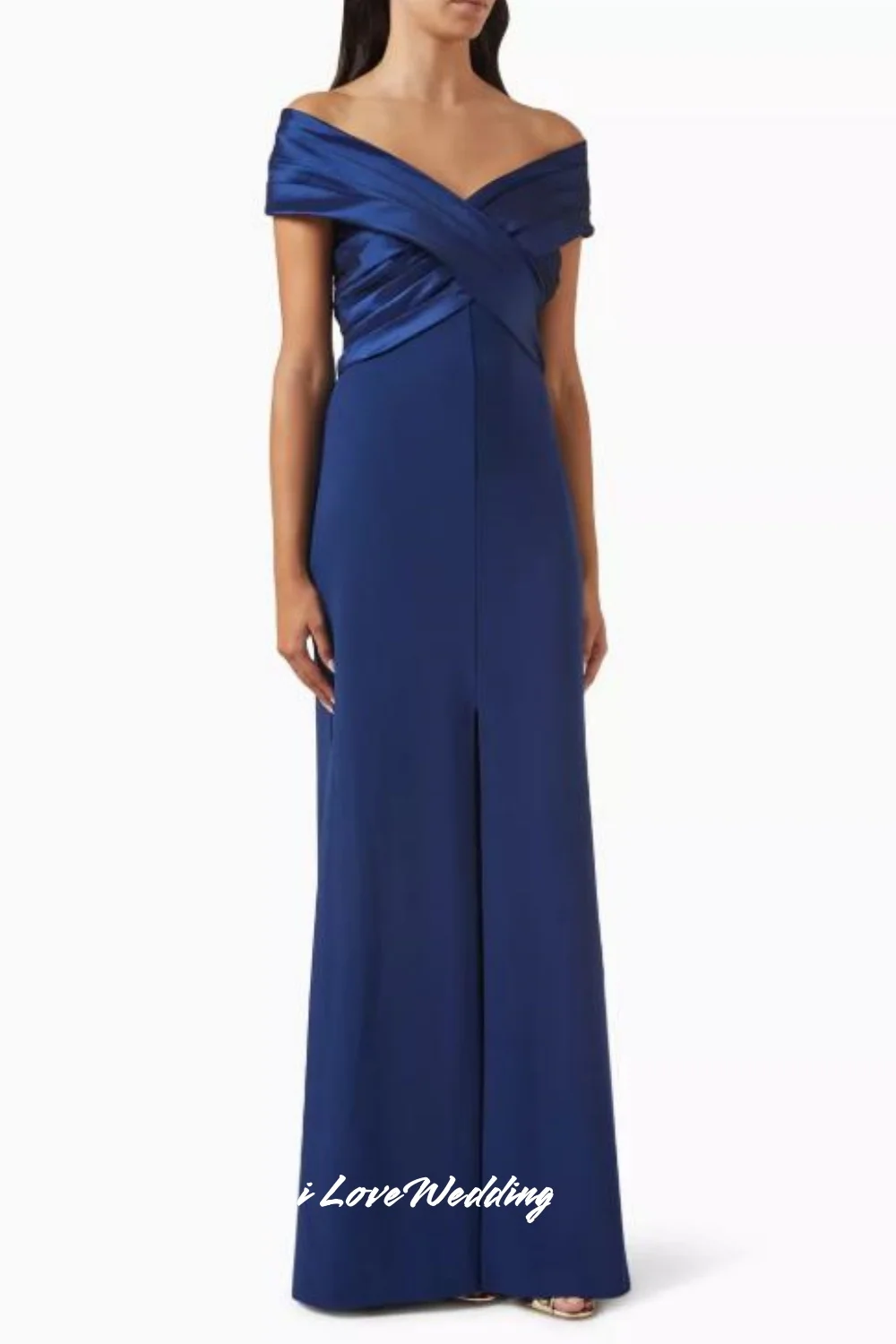 Navy Blue Off the Shoulder Evening Dresses 2025 Satin V-neck Pleated Mermaid Split Floor-Length Wedding Gue St Dress Customized