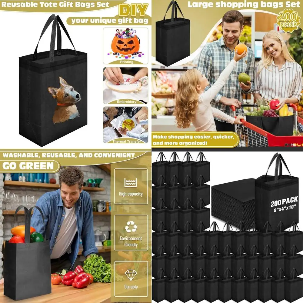 

200 Pack Reusable Tote Bags, 8x4x10 Inch Non-Woven Shopping Bags with Handles for Grocery (Black)