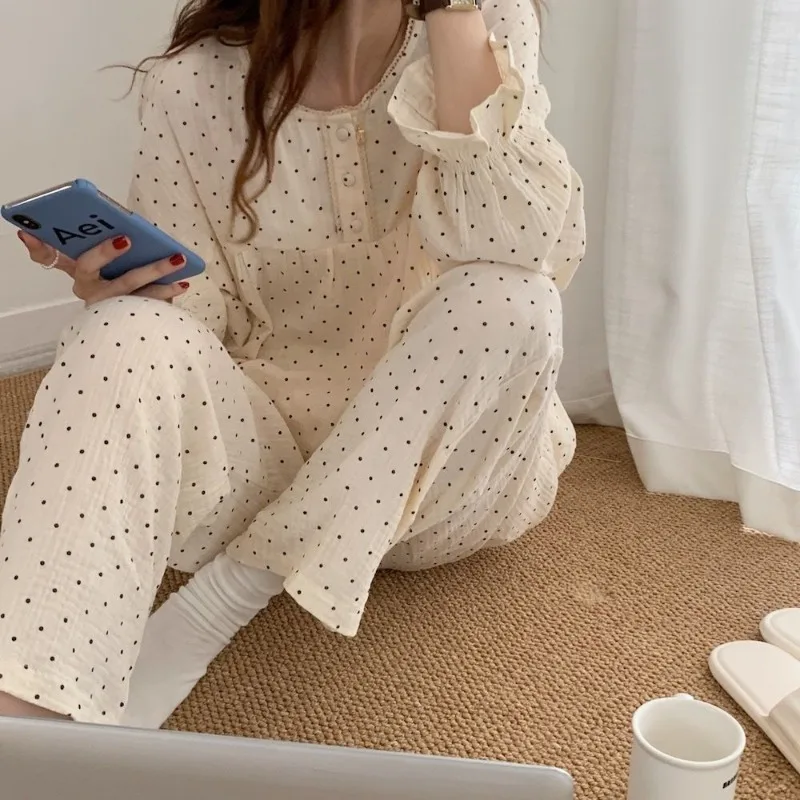 Polka Dot Sleepwear Women Pajama Sets Lace Piiama Autumn Pants Sets for Women 2 Pieces Long Sleeve Night Wears Ruffles Home Suit