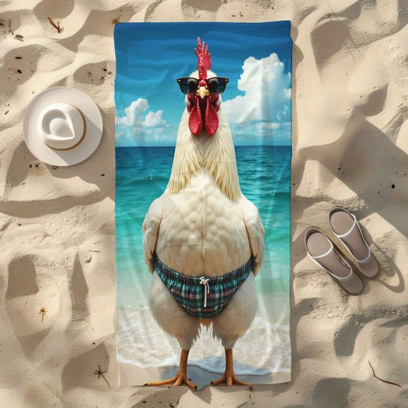 

Vibrant Funny Rooster Towel, Cool Rooster in Sunglasses on Beach Background Print Bath Towel, Playful Humorous Summer Essential