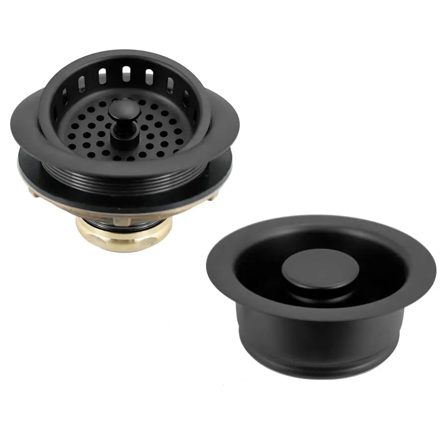 

A216562 41 4 OD Post Style Large Kitchen Basket Strainer with Waste Disposal Flange and Stopper Drain Set, Matte Black