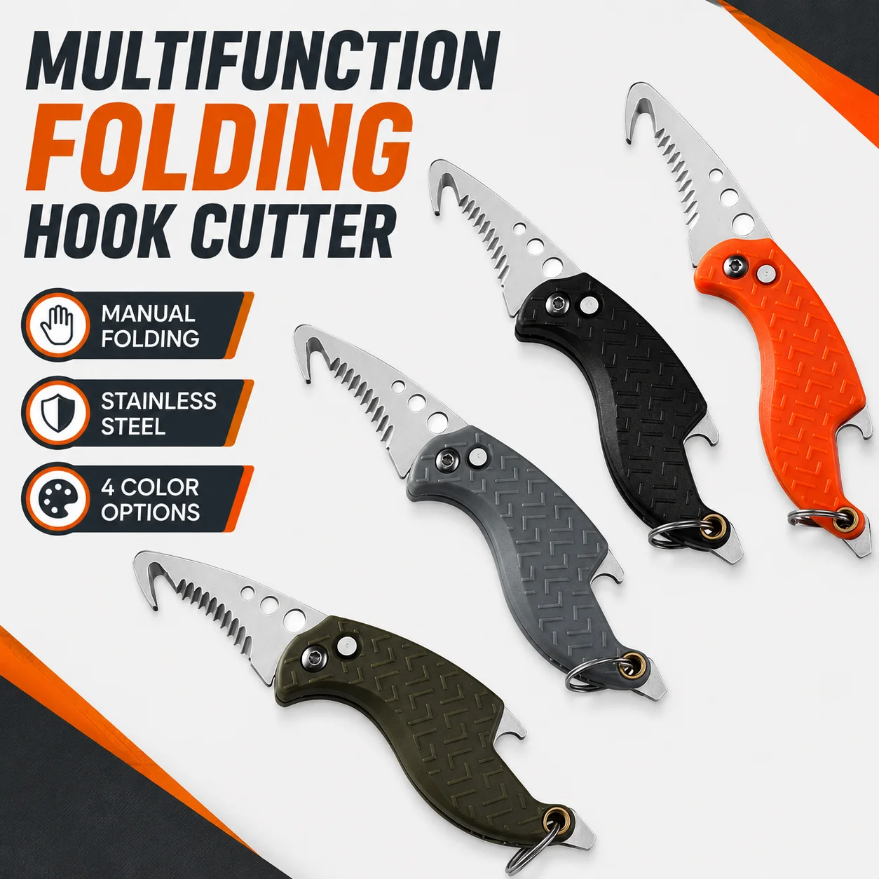 Portable Manual Folding Hook Cutter Stainless Steel Serrated Package Opener with Bottle Opener Screwdriver Key Ring