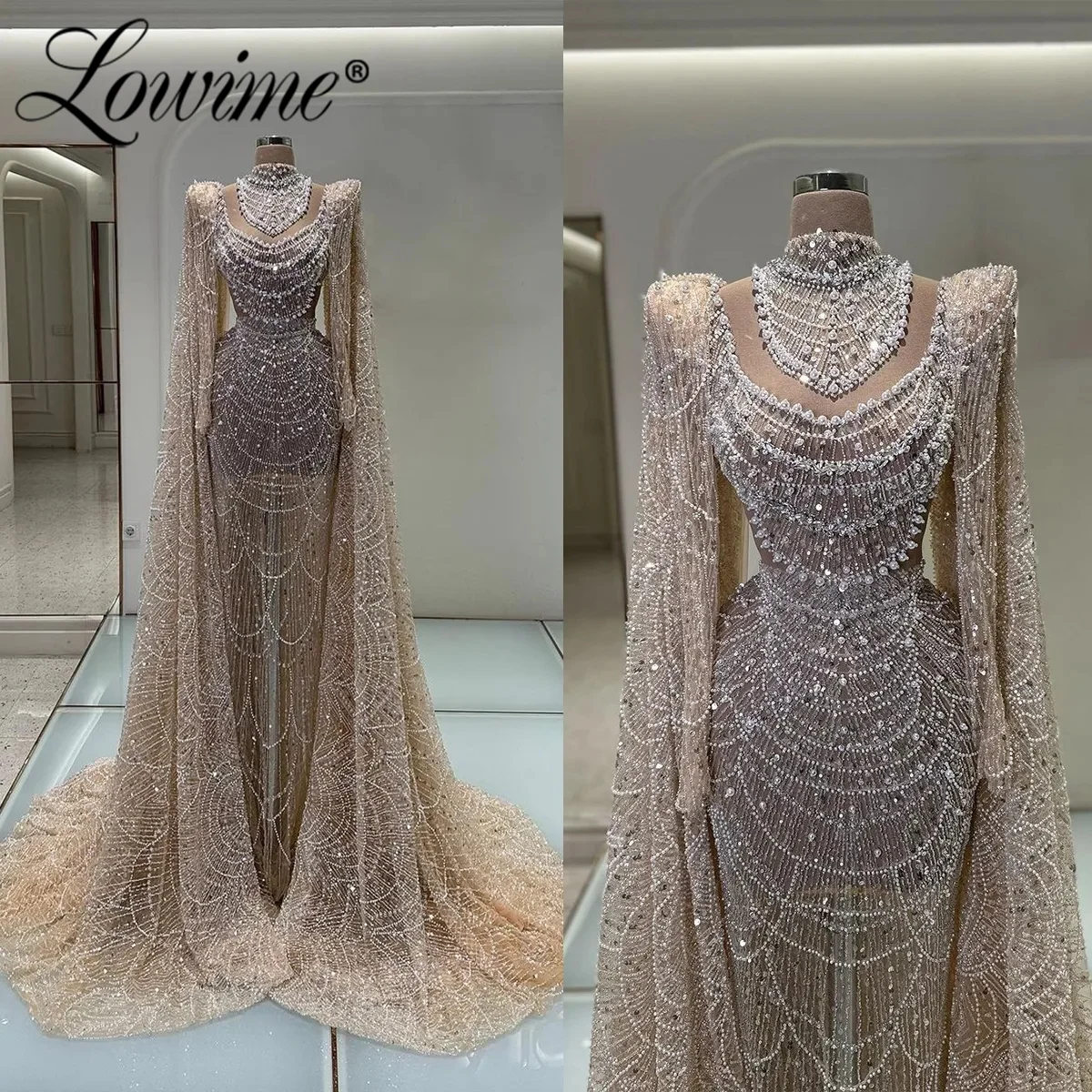 

﻿Elegant Customized Champagne Evening Dress With Cape Long Sleeves Dubai Arabic Evening Gowns Pearl Crystals Party Prom Dresses