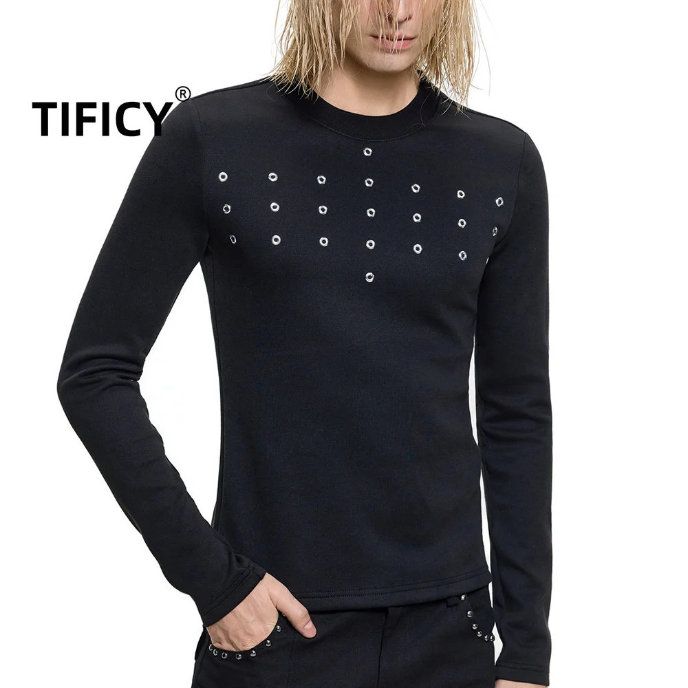 High Street Tee Metal Eyelets Long Sleeved T-shirt Women's Slim Fit Elastic Knit Base Hot Stamping and Diamond T-shirt Top
