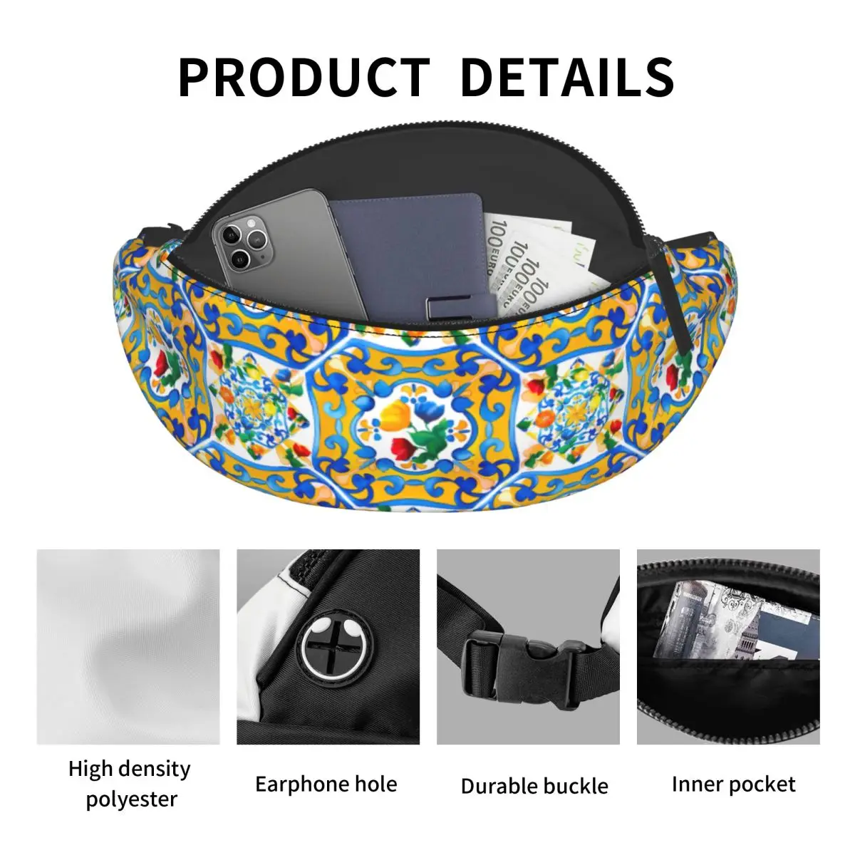 Custom Mediterranean Summer Lemons Italian Tiles Fanny Pack for Men Women Cool Crossbody Waist Bag Hiking Phone Money Pouch