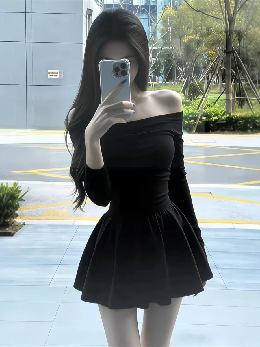 

Sexy Spicy Girl Long Sve Puffy ort Dr Women's Winter New Sle Waist Cinching Slimming Skirt A-Line Dr Daily Wear