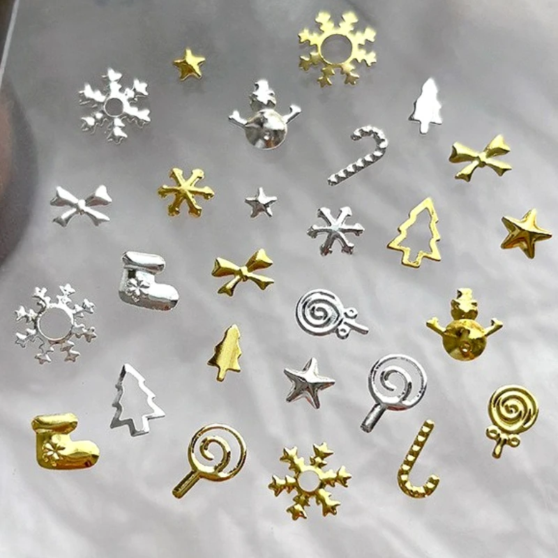 Weihnachtsbaum Legierung Niete Schneeflocke Socken Stern Erdbeere Kirsche Blume Schleife Perle Ball Nail art Zubehör Dekoration Werkzeug