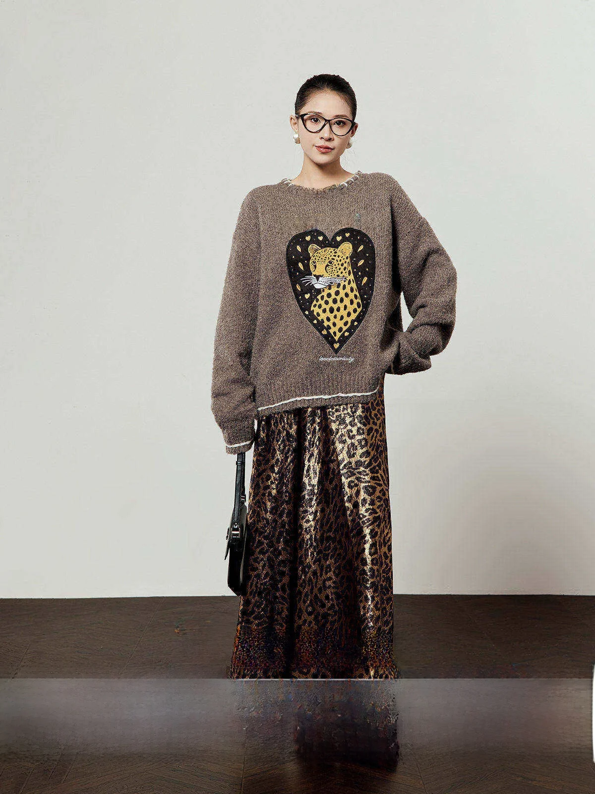 

Autumn Winter Women's Brown Embroidered Loose Knitted Sweater Comfortable Fing round Ne Long Sve Zipper Cardigan