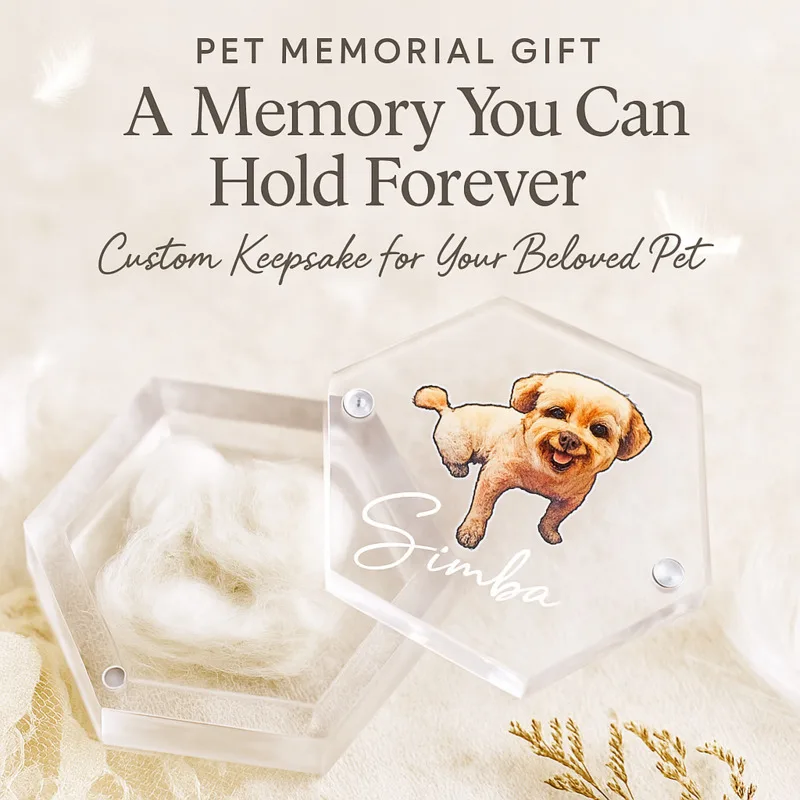 

Personalized Dog Fur Memory Box – Custom Photo Pet Hair Holder for Cat & Dog Lovers, Clear Acrylic Memorial Keepsake Gift