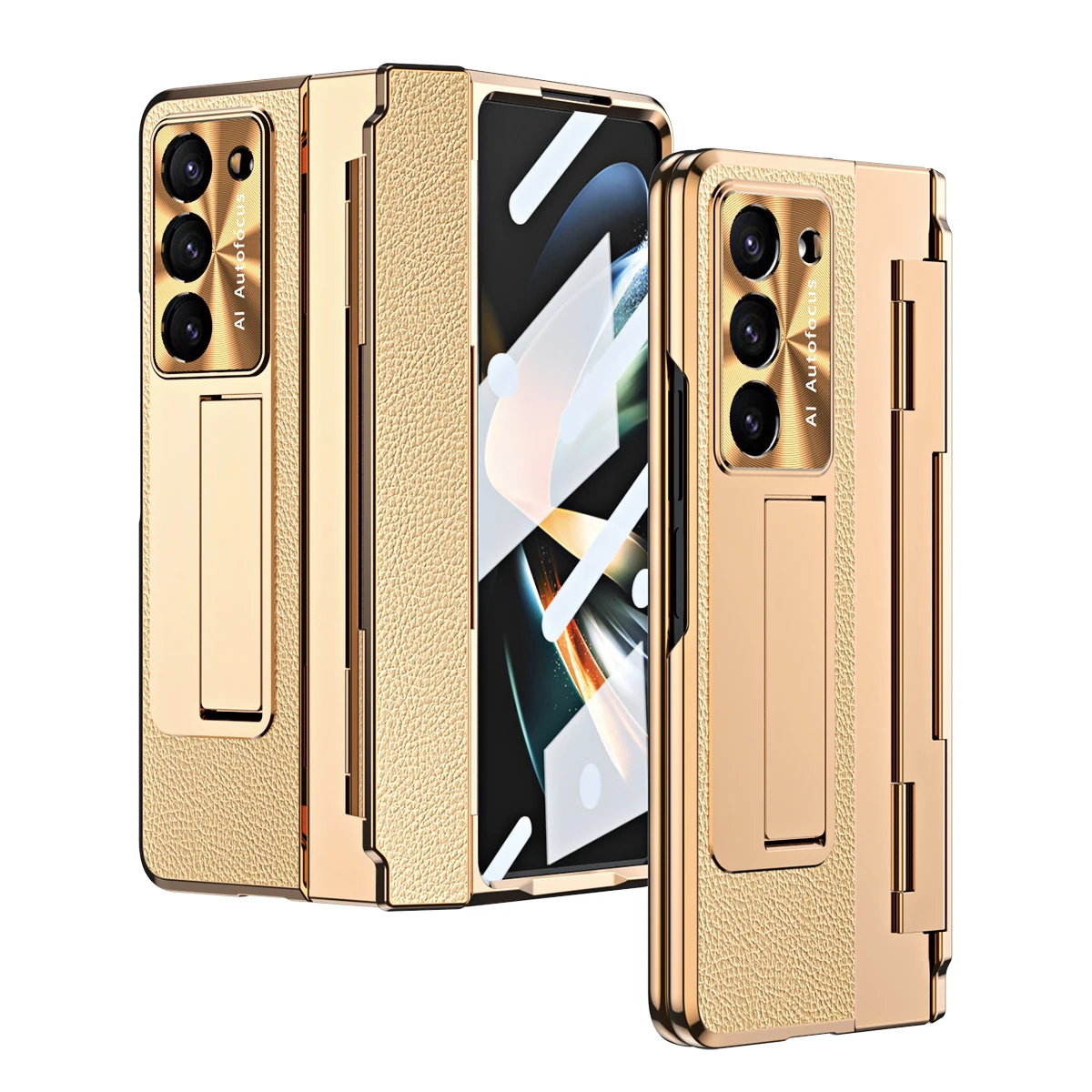 

For Samsung Galaxy Z Fold 6 5 4 3 Plating Leather Hinge Holder Phone Case Outer Screen Glass Protective Cover for Galaxy Z Fold6