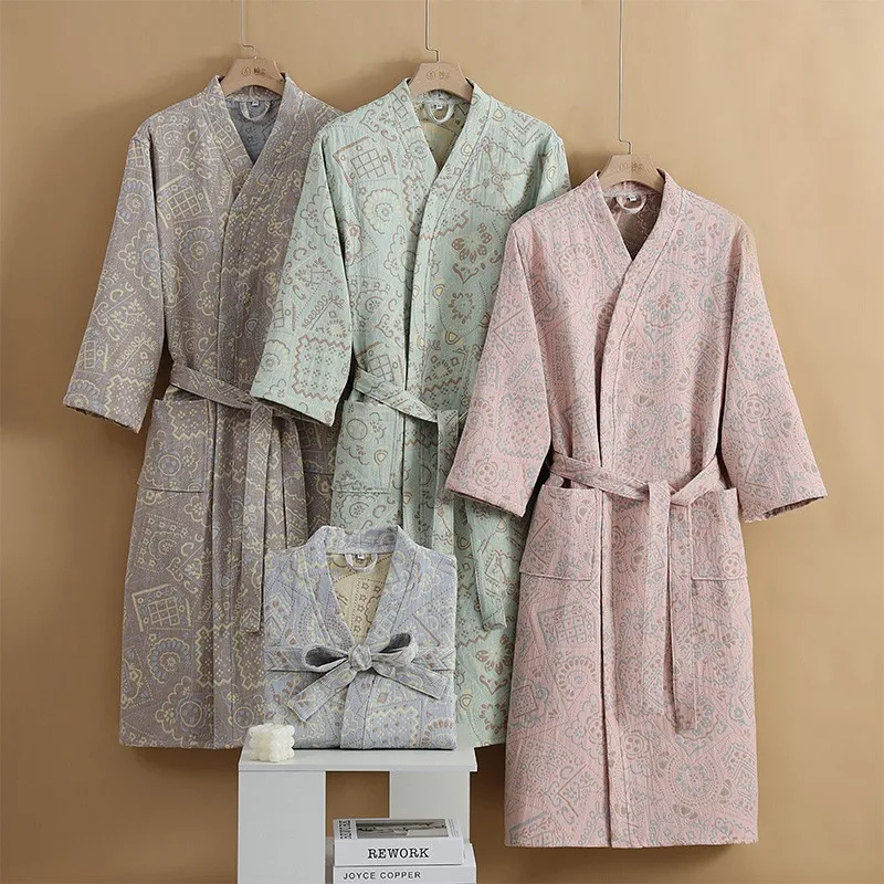 Pure Cotton 4 Layers Gauze Japan Kimono Robe 2024 New Loose Women V Neck Bathrobe Nightgown Soft Home Clothes Hotal Spa Robes