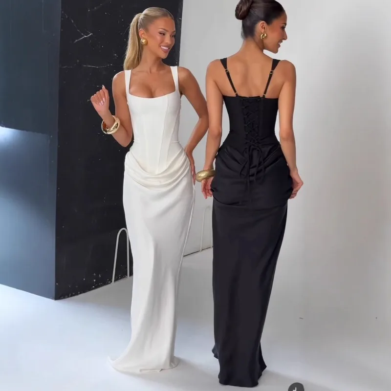 

2026 Women's High Quality Sexy Slim Fit Dress New Waist Corset Backless Sleeveless Solid Color Lace Up Midi Party Dress Shopify