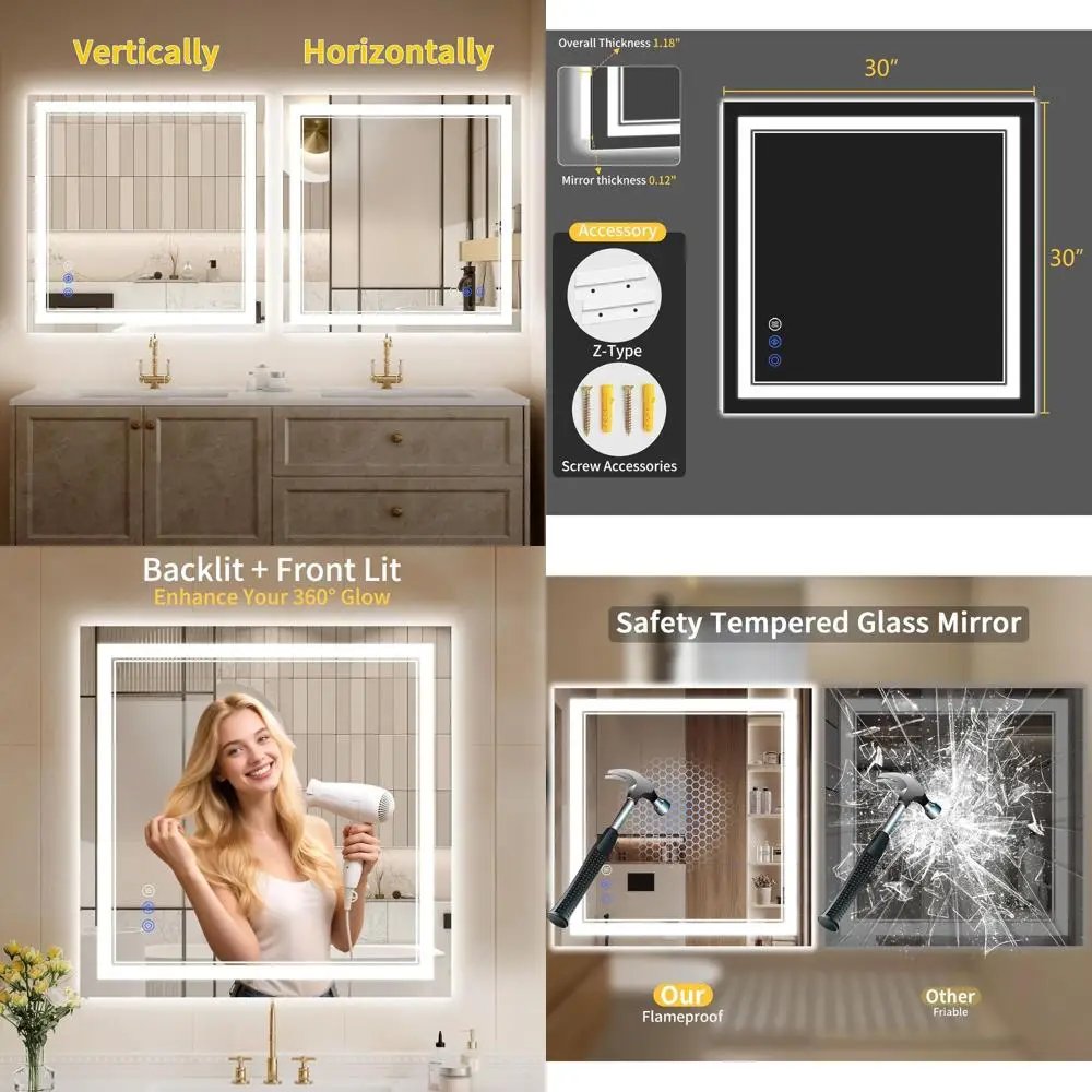 

30x30 Inch LED-Illuminated Bathroom Mirror with Anti-Fog, Backlit & Front Lit, Dimmable, Tempered Glass, 3 Color Options