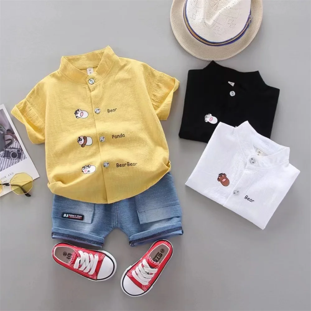 2PCS Baby Set Summer Fashion Small Animal Letter Printing Pattern Standing Neck Short Sleeve Denim Shorts Set