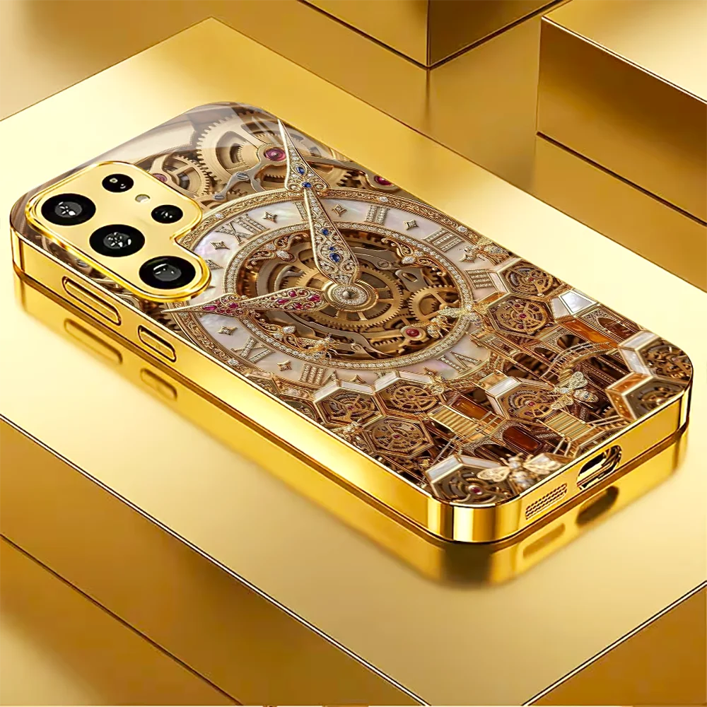 Golden mechanical clock s26 ultra case s25 Glass phone case for Samsung Galaxy S26 25 24 23 22 21 FE Ultra Plus Light Thin Cover