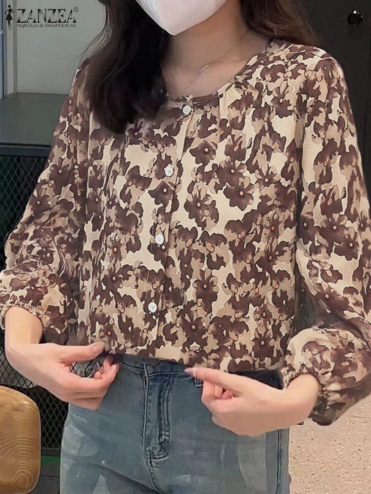 

ZANZEA Vintage Round Neck Chic Chemise Bohemian Floral Printed Shirt Fashion Women Spring Tops Holiday Long Puff Sleeve Blouse