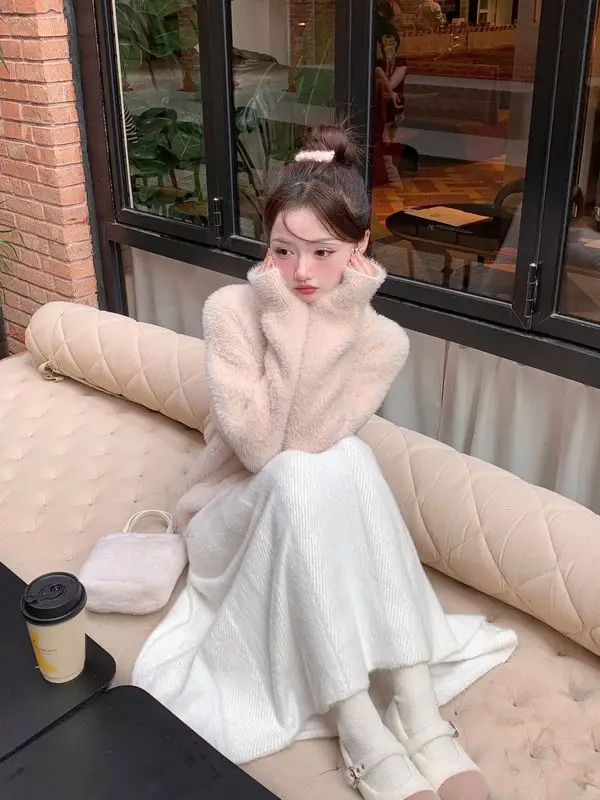 Gaganight Women Korean Chic Imitation Mink Wool Knitted Skirt 2024 Autumn New Temperament Mid Length High Waist A Line Skirt