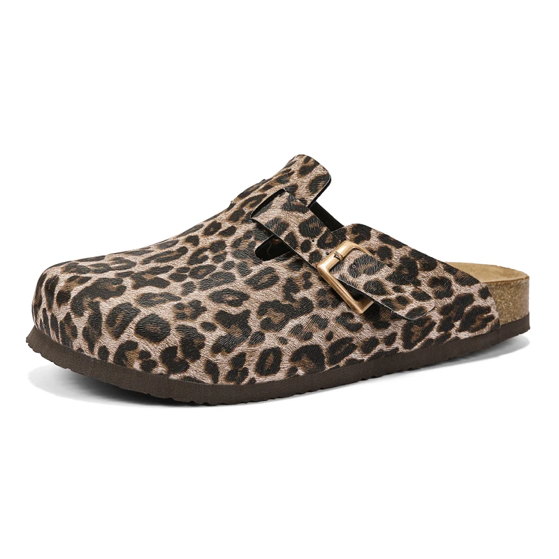 Men Women Leopard Print Closed Toe Mules Cork Footbed Slippers Adjustable Buckle Slip On Couple Shoes Indoor Outdoor Casual Clog
